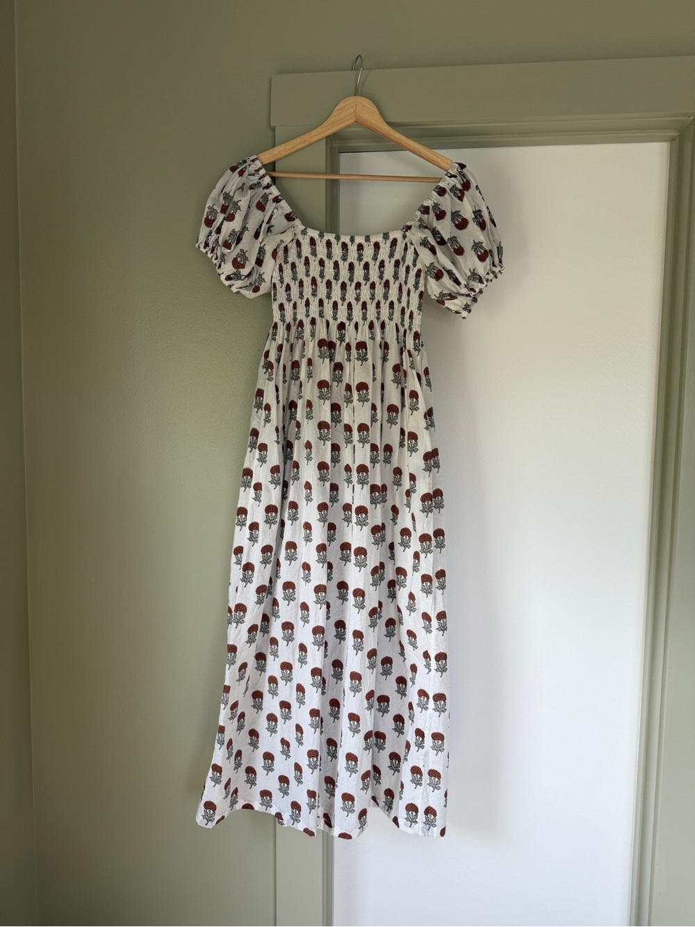 Handmade White Puff Sleeve Smocked Midi Blockprint Floral Dress